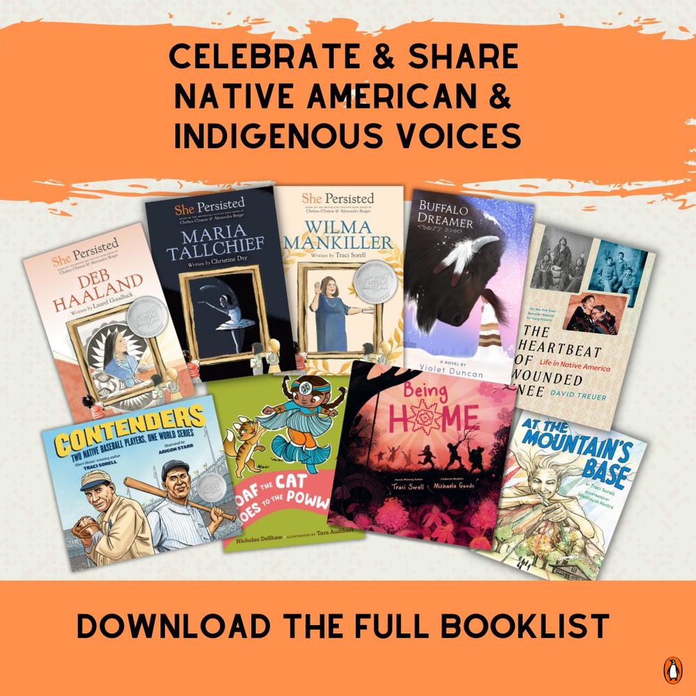 image showing books for Native American Heritage Month that says: Celebrate & Share Native American & Indigenous Voices. Download the Full Booklist