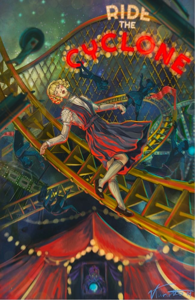 A digital painting of a blonde, doll-like woman wearing a traditional school uniform. Her head is severed from her body. She is falling from the sky with the wreckage of a collapsing rollercoaster and fairground behind her. In the distance are 5 other figures falling. At the bottom of the image is a mechanical fortune teller. The woman and the tent below her are lit in vivid red against a primarily green and blue night sky. 