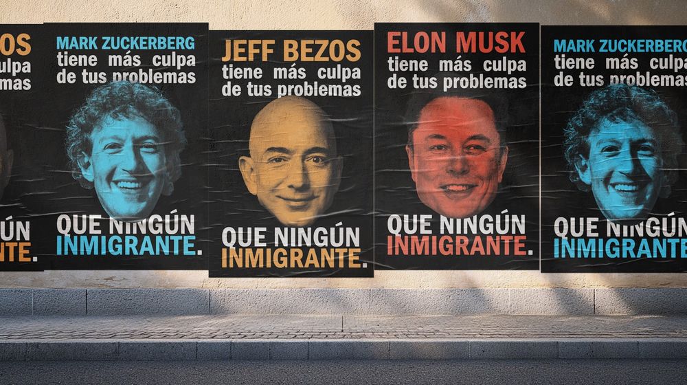 Una imagen de una calle con todos los carteles anteriores pegados en hilera.