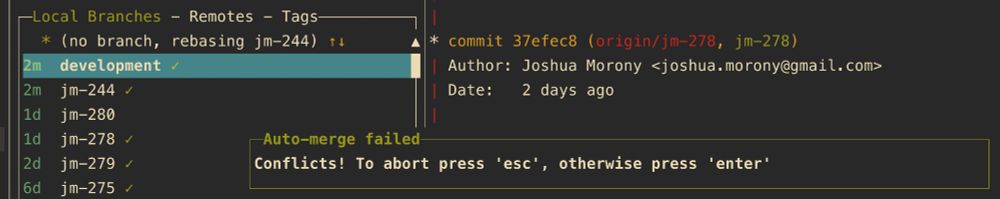 Lazy git terminal screen showing a message "Auto-merge failed: Conflicts! To abort press 'esc', otherwise press 'enter'