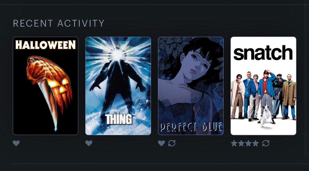 A picture of recent activity from Letterboxd the movies are- Halloween, The Thing, Perfect Blue, and Snatch 