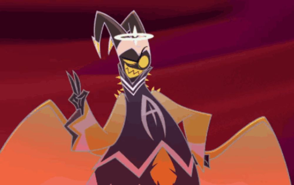 a cartoon character with horns and a halo on his head giving a peace sign