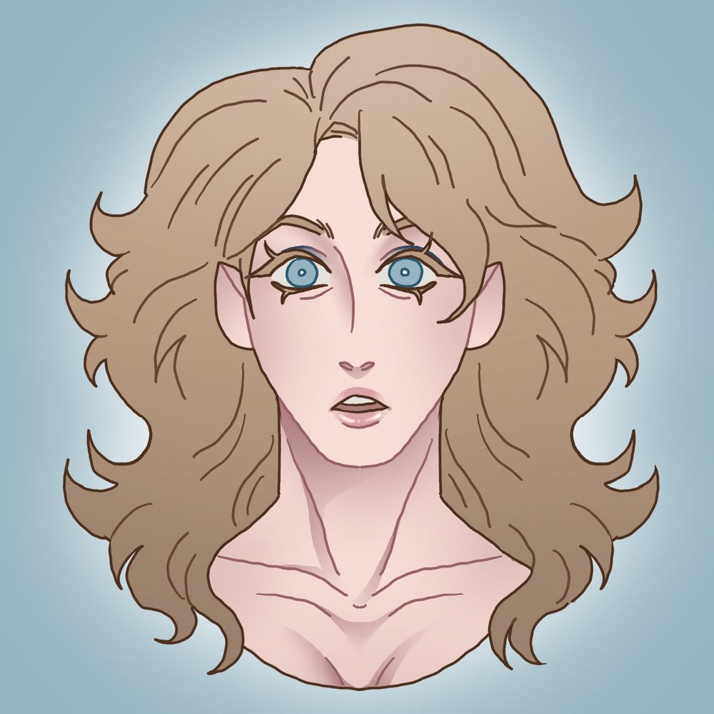 A white girl with blue eyes and blue eye shadow. Her hair is dirty blonde and over-voluminous. She has a surprised expression on her face.