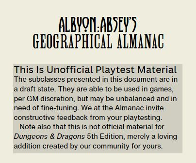 A screencapture from a document.  It is headed 'ALBYON ABSEY'S GEOGRAPHICAL ALMANAC' and announces playtest material.