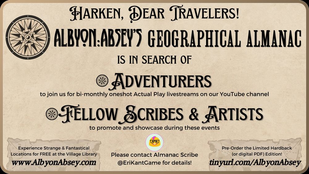 A poster calling for players to join the team at Albyon Absey for livestreamed TTRPG Actual Plays.
