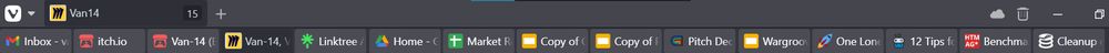 Screenshot snippet of a tab stack in Vivaldi browser titled 'Van-14'.  15 tabs are open.