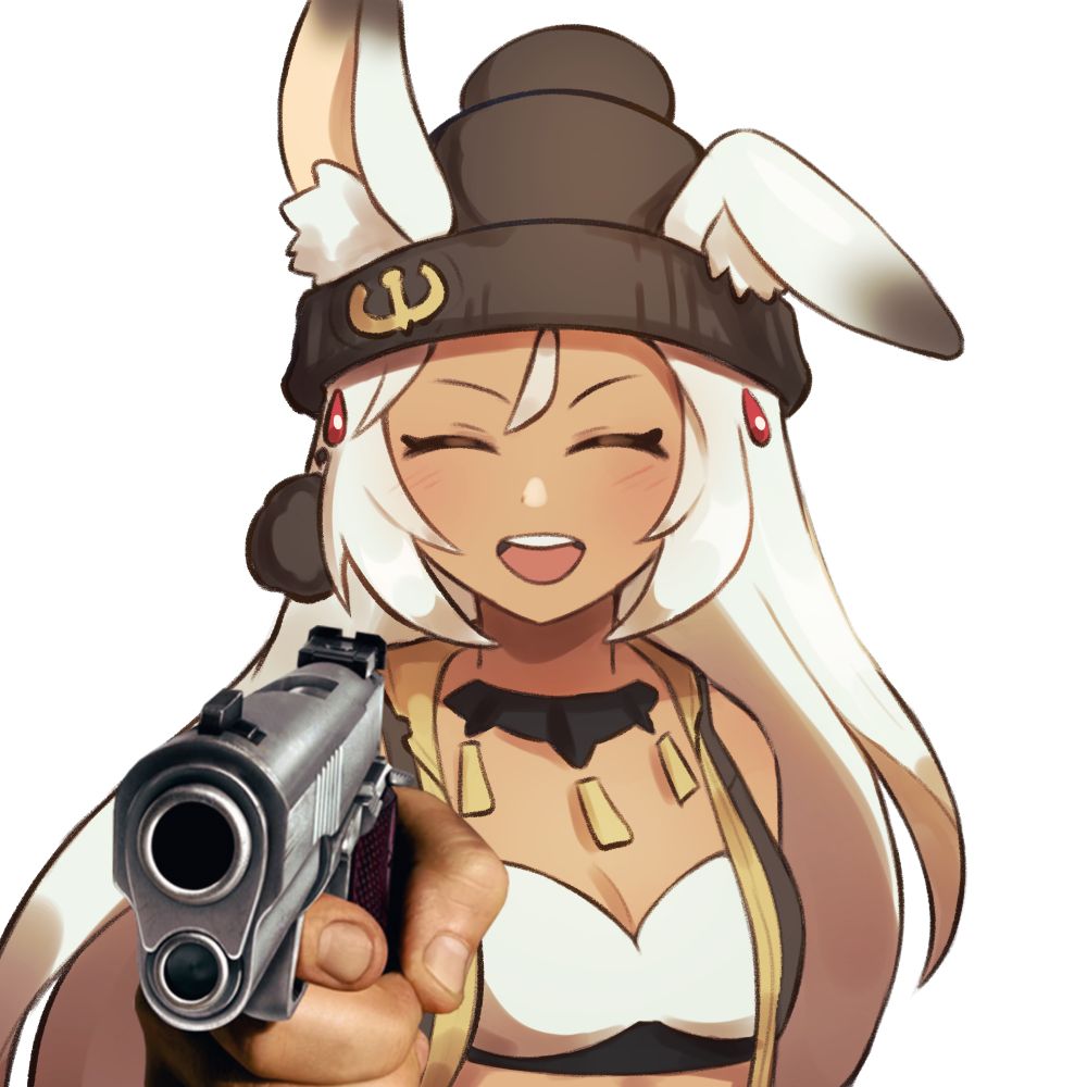 Fanart of Sarisse from Dragalia Lost. A picture of a hand holding a gun has been superimposed over her torso to make it look like she is aiming at the viewer.