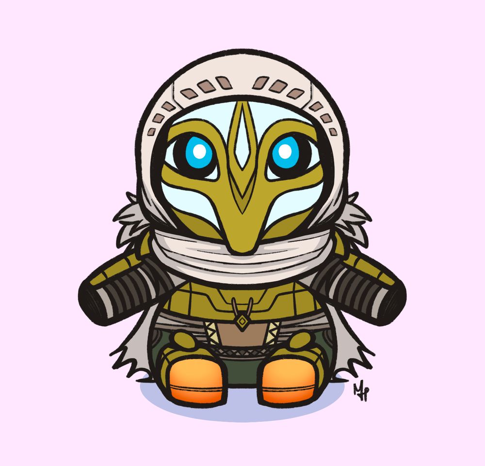 digital art of a hunter from destiny 2 wearing the celestial nighthawk helmet, turned into a little chibi plushie form