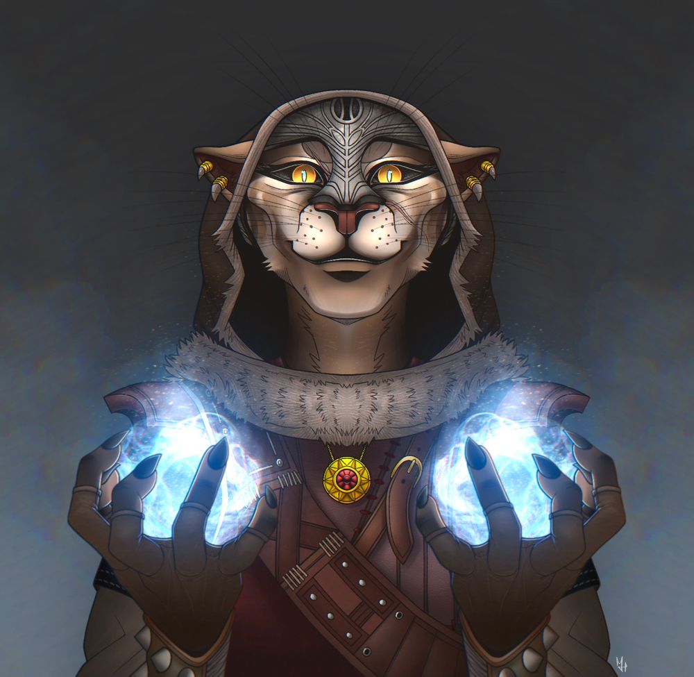 front facing portrait of a brown khajiit from Skyrim, wearing a furred hood and archer’s vest with a cross-chest belt and ruby and gold amulet. she is holding her hands out in front of herself, two bright blue balls of flame float over her palms.