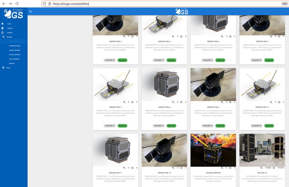 Screenshot of the tinyGS satellites page with the photos an descriptions of the new supported sat from the BandWagon2 rideshare mission