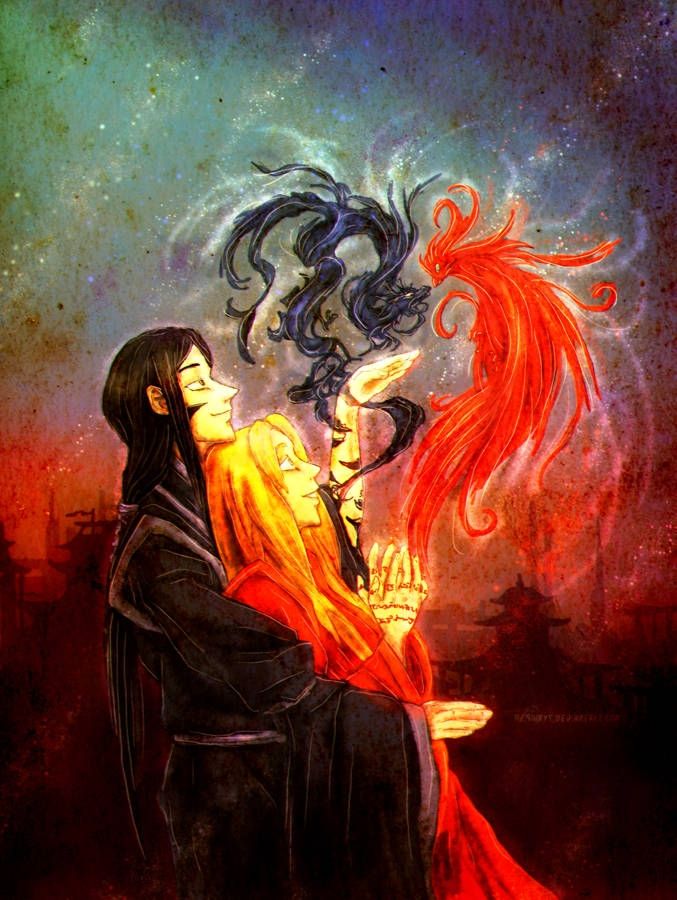 Two people wearing a'la kimono; a man with long black hair is wearing a very dark blue one, a woman with long blond hair is wearing a red one. The man is presenting a mirage of a navy blue dragon coming from his hand, and a red phoenix is coming from the woman's hand. Both are absorbed by this magic moment.