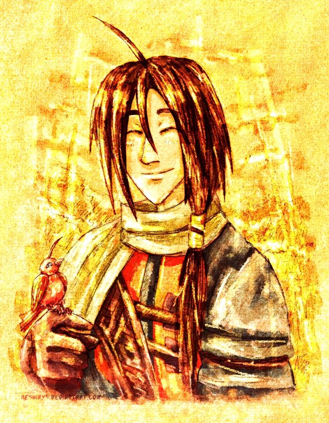 A portrait of a smiling long-haired man, his hair is brown and tied, resting on his left arm. He's wearing a dark green tunic with brown and orange details and a light green cape that is resting on his right arm. He is holding an orange little bird on a finger of his right hand. The background is so vibrant, all in gold or yellow, one can see it's sunny and the atmosphere hopeful. 