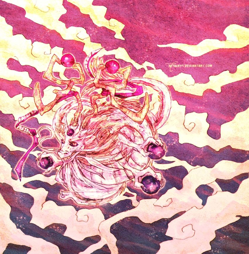 A picture of a pinkish white lung dragon around stylised clouds holding purple orbs in his four hands and pink orbs attached to his large deer-like horns. The sky is a purple and pink gradient.