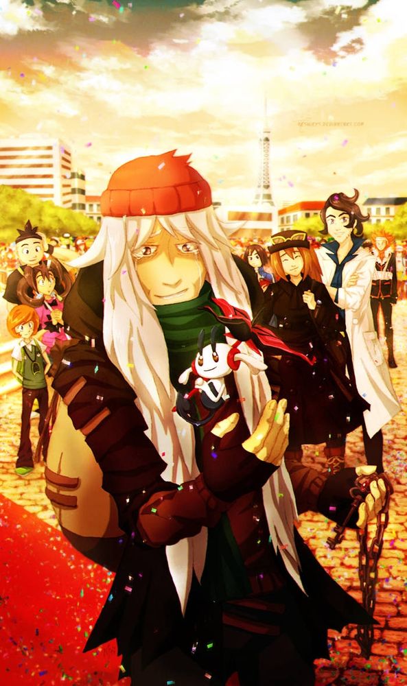 Foreground: former king AZ of Kalos region from Pokemon standing with his beloved friend Floette. They're so happy as it's their reunion after millennia. Background: other characters from the game and also previous titles witnessing the scene. 
