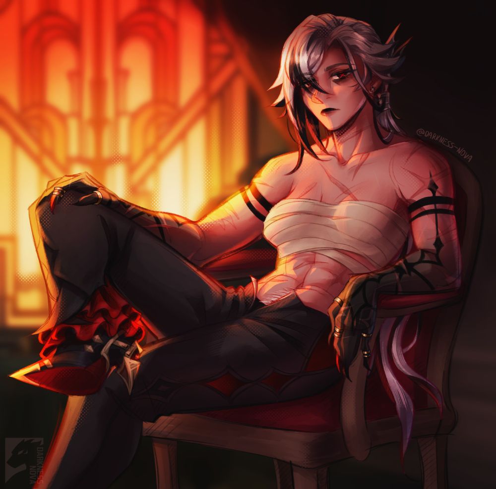 digital painting piece of arlecchino being shirtless, showing her muscles as she lounges on a chair in front of a window, with sunset lighting 