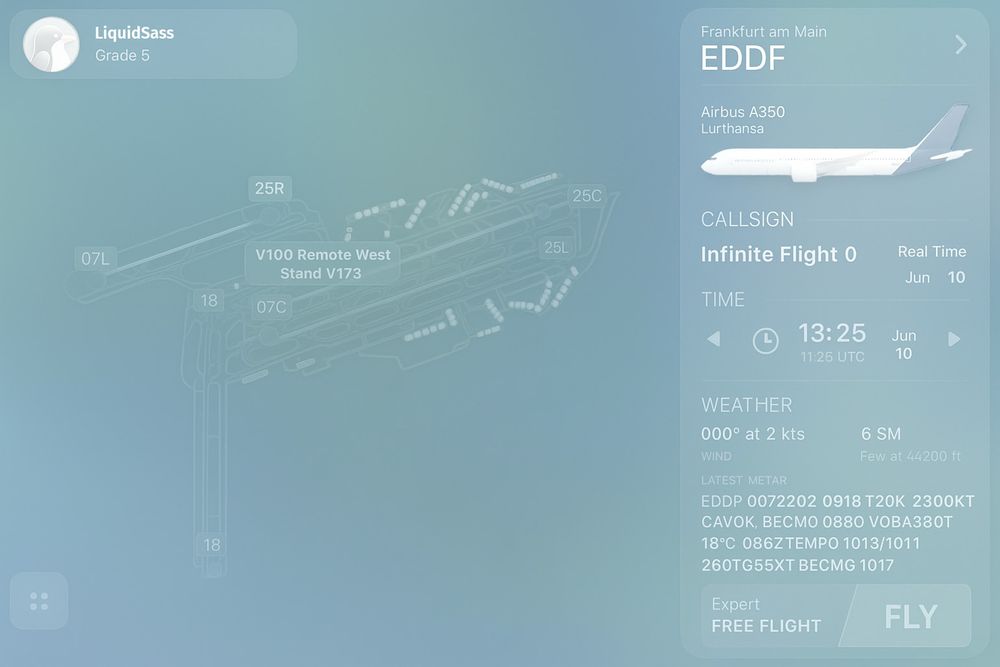 The Infinite Flight UI, in ridiculous Liquid Glass theme. 