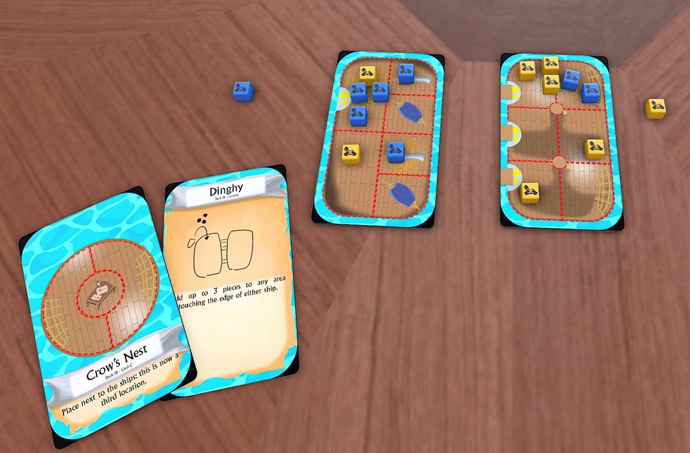 Colored rectangles representing pirates clambering on two stacks of cards representing ships, with additional cards off to the side that can be played for cool effects.