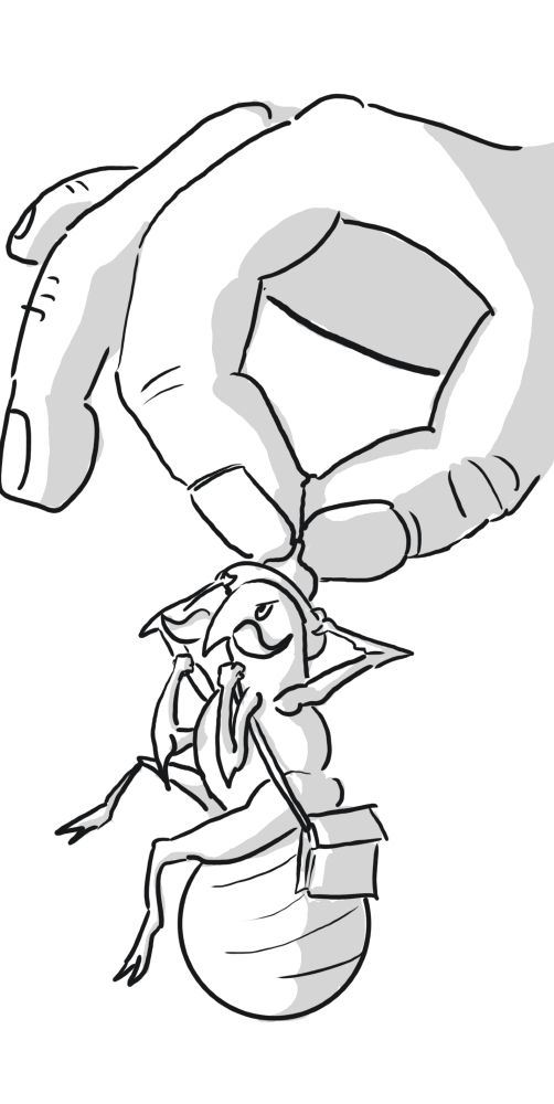 An angry flea with a comical mustache, side-bag and hat resisting a giant hand plucking him into the air.