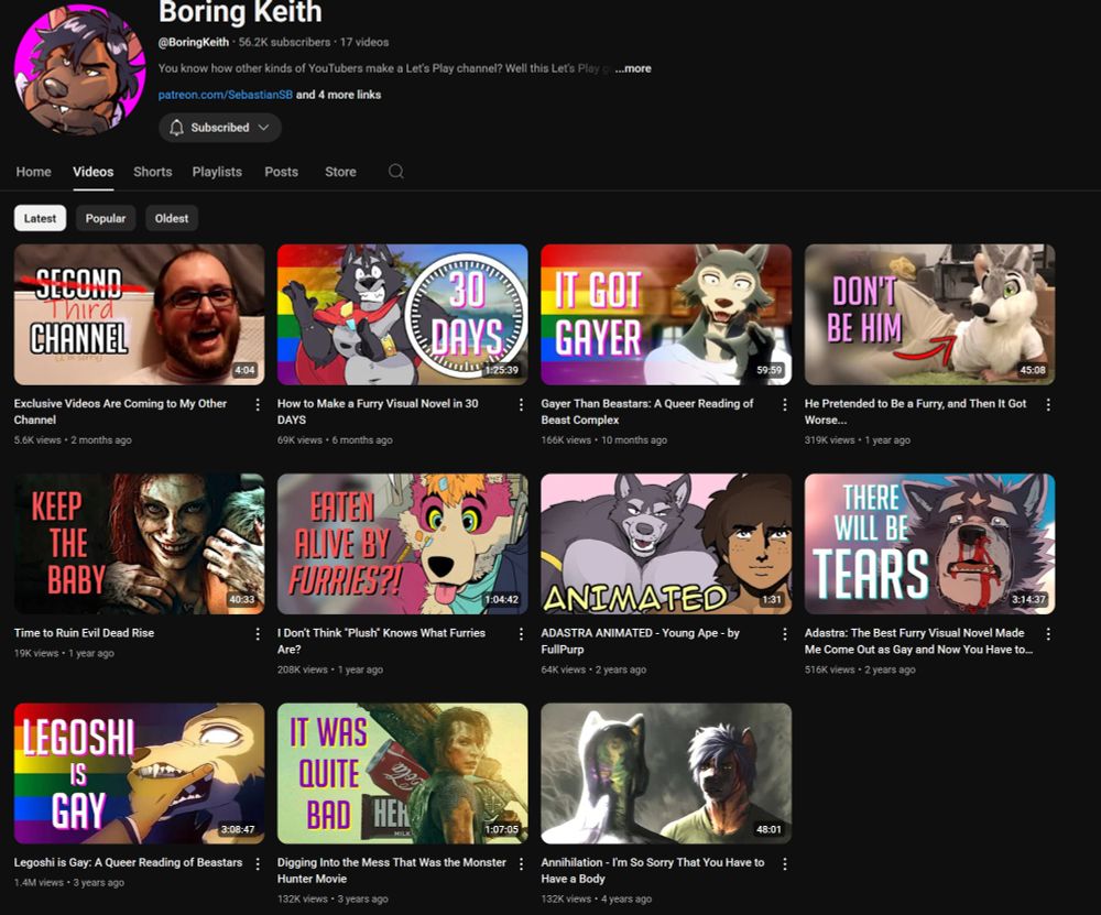 A screenshot of the youtube channel @BoringKeith (https://www.youtube.com/@BoringKeith/videos) before enabling Restricted Mode. There are 11 videos currently available. 