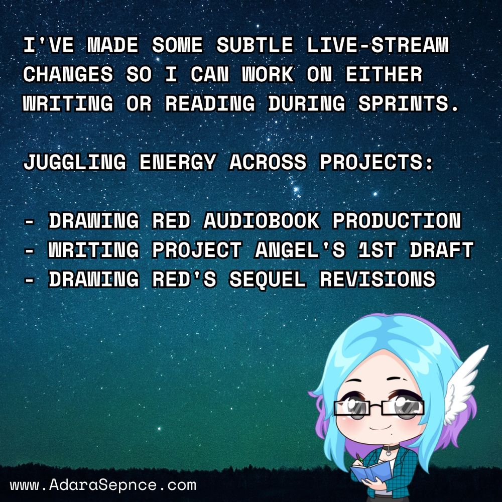 I've made some subtle live-stream changes so I can work on either writing or reading during sprints.

Juggling energy across projects:
- Drawing Red audiobook production
- Writing Project Angel's 1st draft
- Drawing Red's sequel revisions

#WritingCommunity #AmWriting