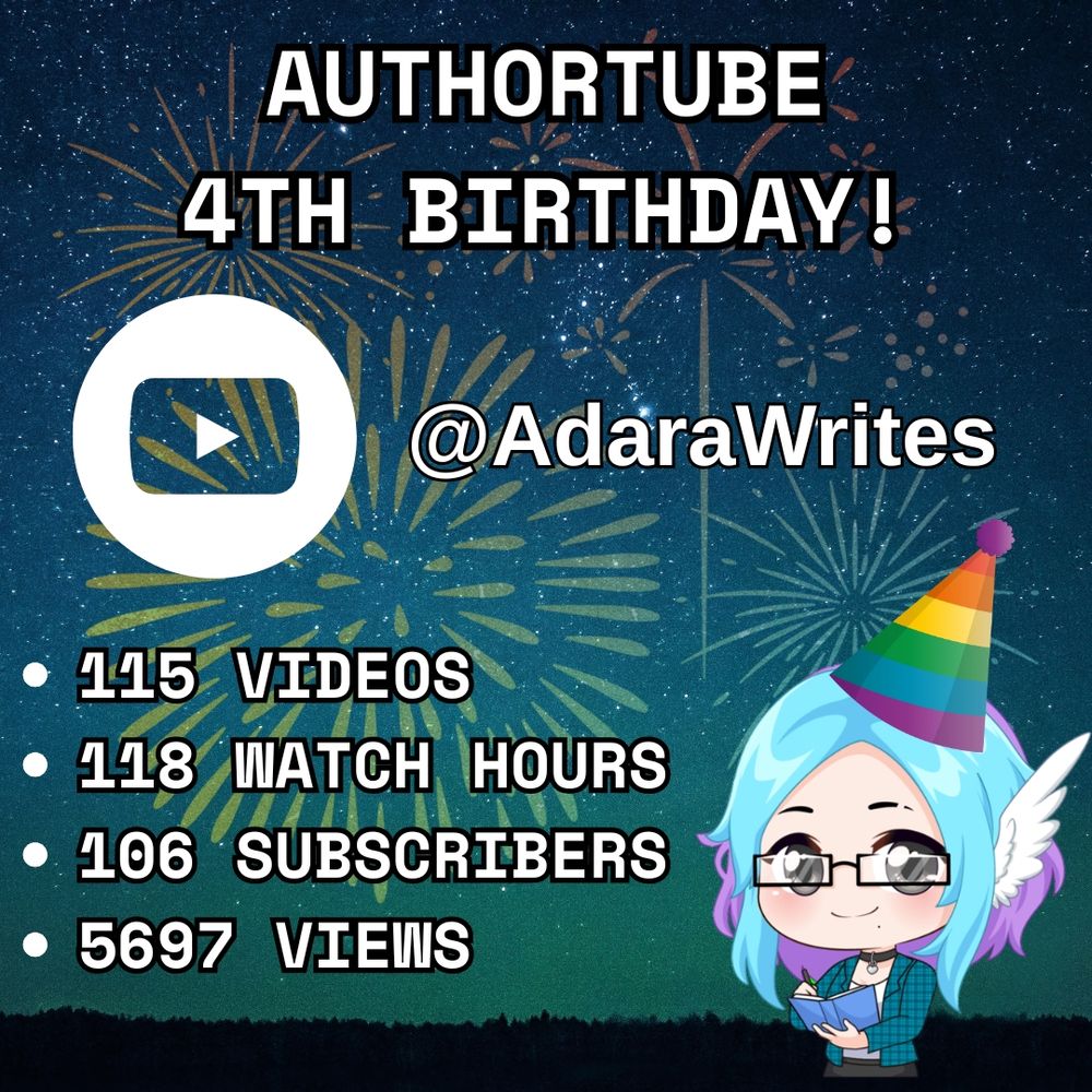 A celebratory graphic. A little chibi character wearing a party hat and holding a book and pen are in the bottom right corner. The background is fireworks against a starry sky. Text says AuthorTube 4th Birthday! 115 videos, 118 watch hours, 106 subscribers, 5697 veiws. The text is white. It also says @adarawrites with a white youtube play button beneath the headline.