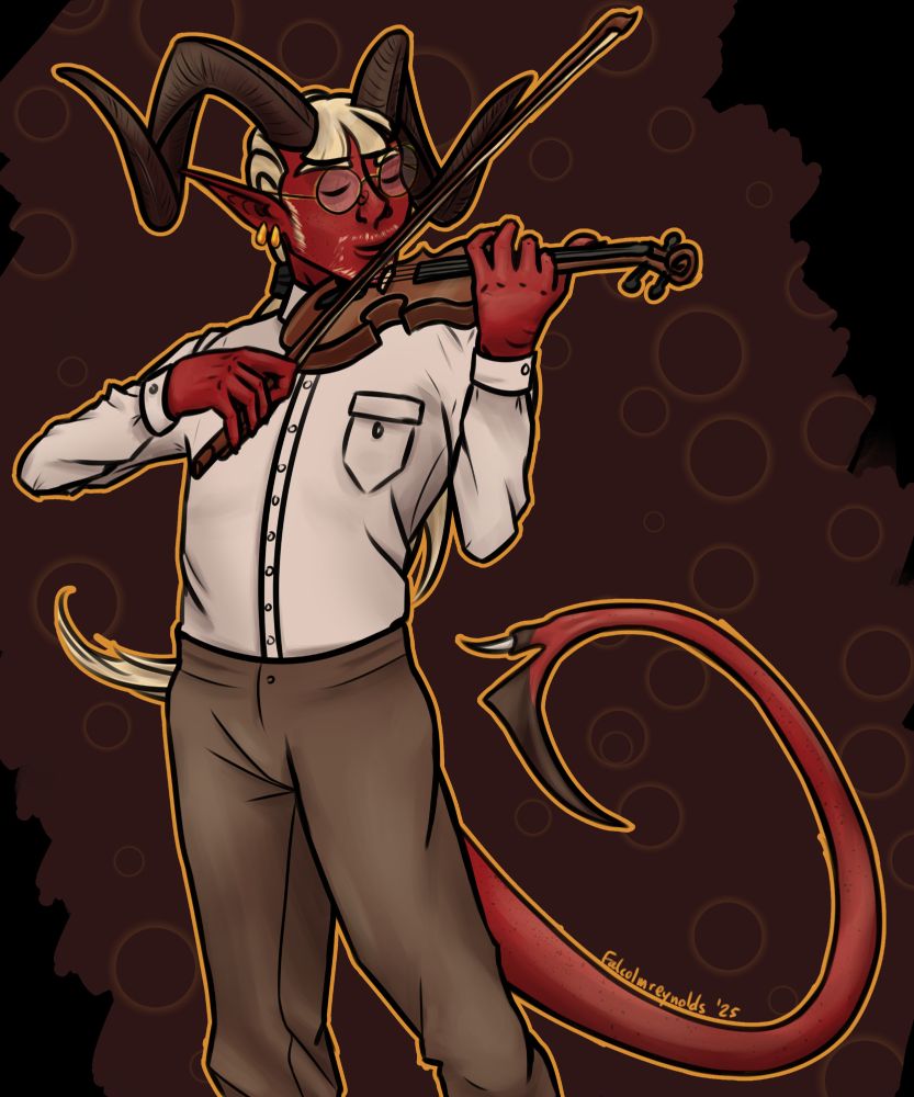 A red-skinned tiefling with very large curling ram's horns and blonde hair stands, his tail (tipped with a half-spade and a stinger) curled behind him, wearing gold-rimmed glasses, gold earrings, a pale button-down shirt, and brown pants. He is playing the violin calmly with his eyes closed.