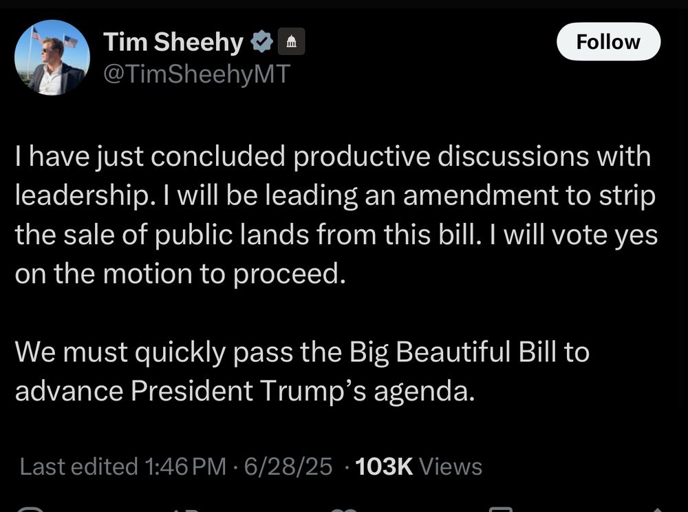I have just concluded productive discussions with leadership. I will be leading an amendment to strip the sale of public lands from this bill. I will vote yes on the motion to proceed. 

We must quickly pass the Big Beautiful Bill to advance President Trump’s agenda.