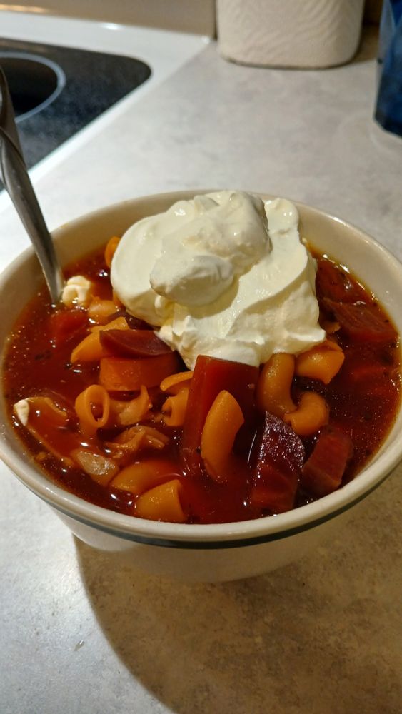 Spicy fish and beet soup, way tastier than it sounds. 