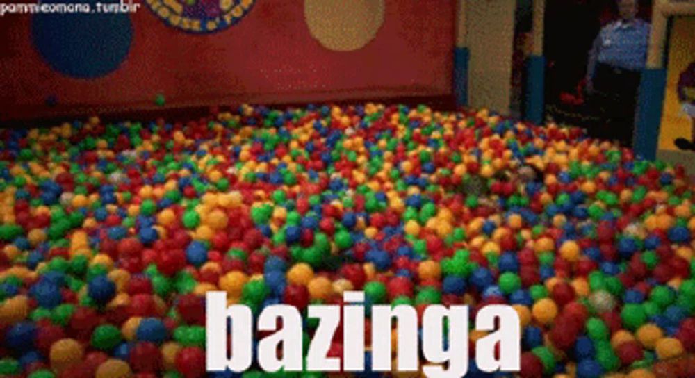 a ball pit with the word bazinga written in white