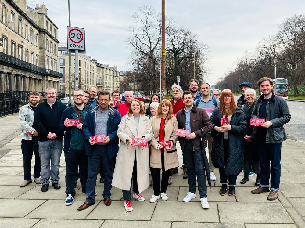 Tracy Gilbert MP, Foysol Choudry MSP and Cllr James Dalgleish pictured with Labour Party activists on Hillside Crescent, Edinburgh 