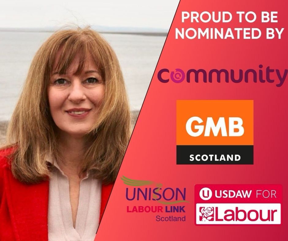 Photo of Katherine Sangster in red coat in front of a beach. Logos for the following unions Community, GMB Scotland, Unison and USDAW.