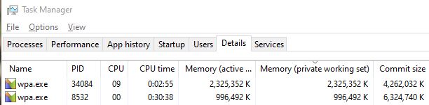 Task Manager screen shot. The second copy of wpa.exe wants to use 6.3 GB of RAM but Windows has trimmed it to less than 1.0 GB