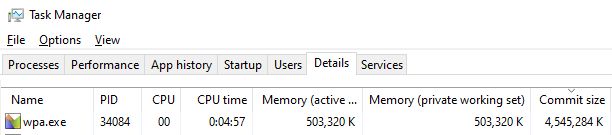 Task Manager screen shot showing WPA's working set trimmed from 4.5 GB to 0.5 GB