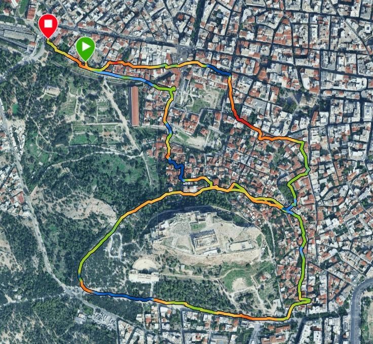 GPS trace of a run around Athens including a circuit of the Acropolis