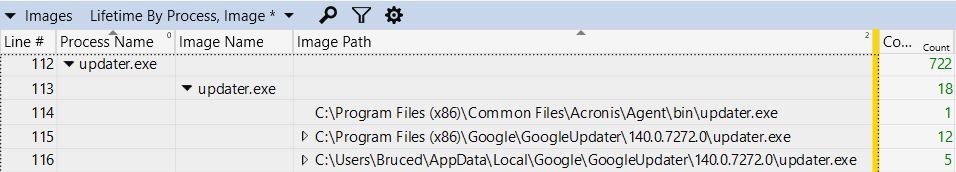 WPA screenshot showing seventeen copies of Chrome's 140.0.7272.0 updater running, from two different locations