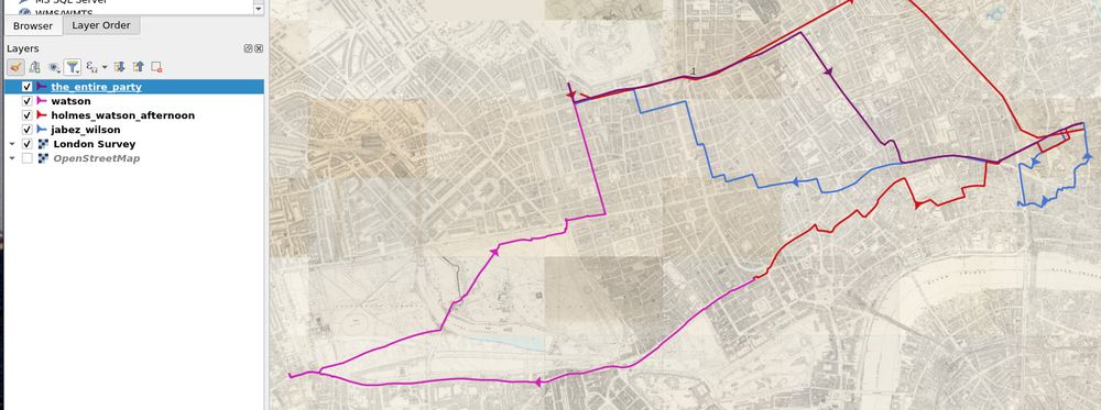 Lines on an 1893 map of London showing how various characters travel in the Sherlock Holmes story 'The Red Headed League'. 