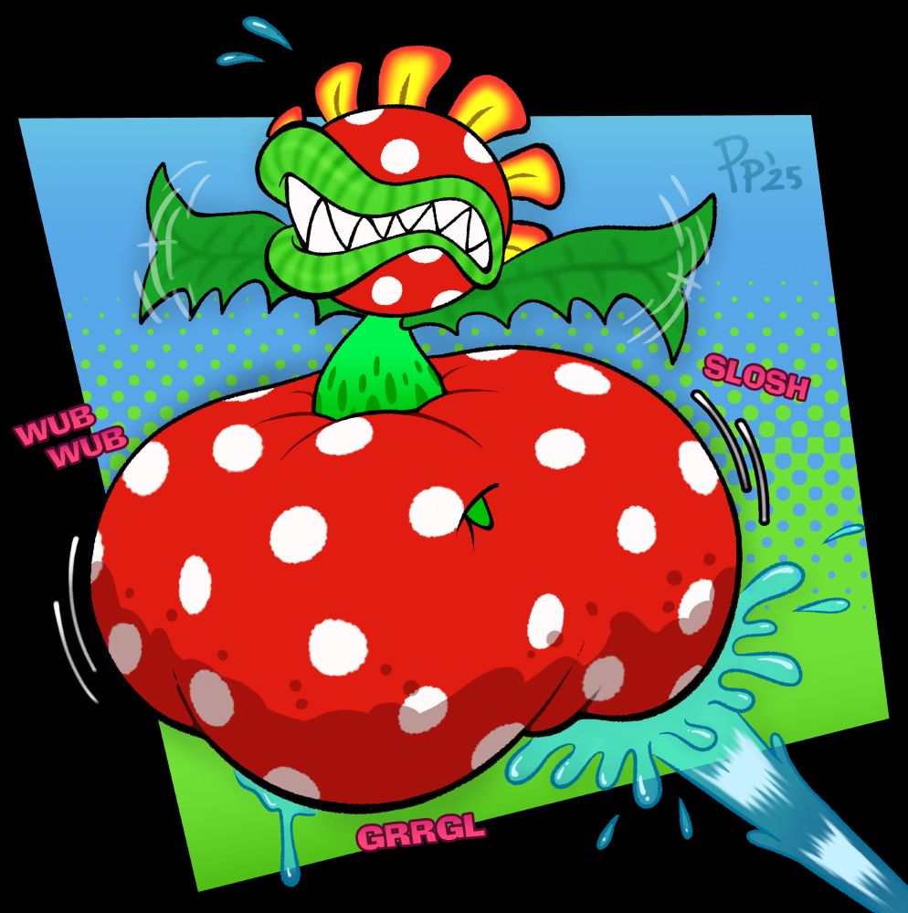 Petey Piranha from mario struggling to escape as his shorts are filled with water by Mario and F.L.U.D.D off-screen.