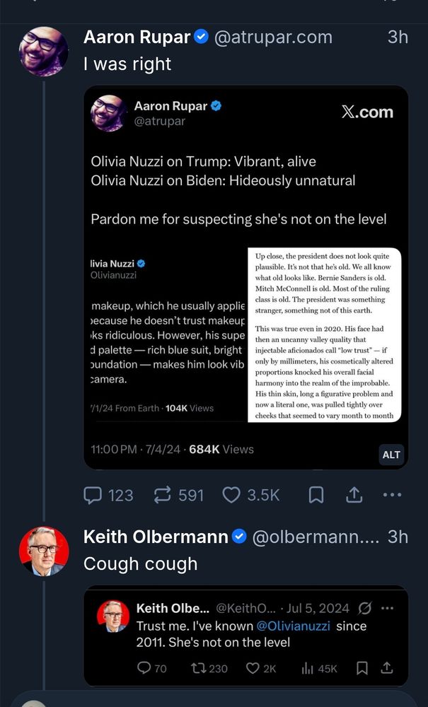 Aaron Rupar: I was right 
Keith Olbermann: cough cough 
Both with screen grabs of their own posts warning about Olivia Nuzzi 
