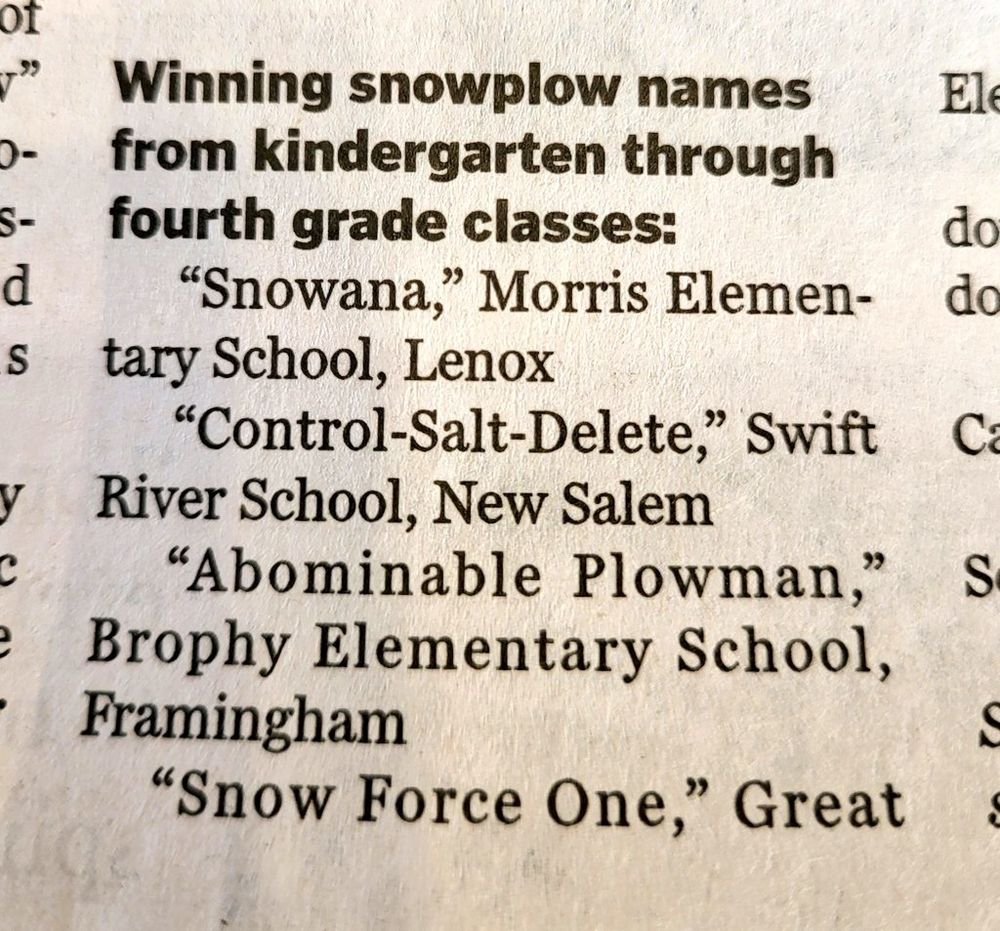 A list of snowplow name suggestions from kindergarten thru 4th grade classes including "Control Salt Delete" 