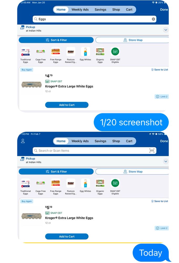 1/20 egg prices vs 2/7 egg prices (.40 cent increase)