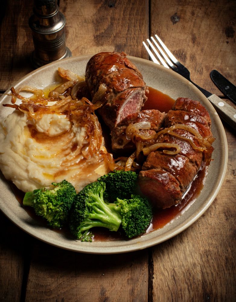 Beef Olives with onions and mash