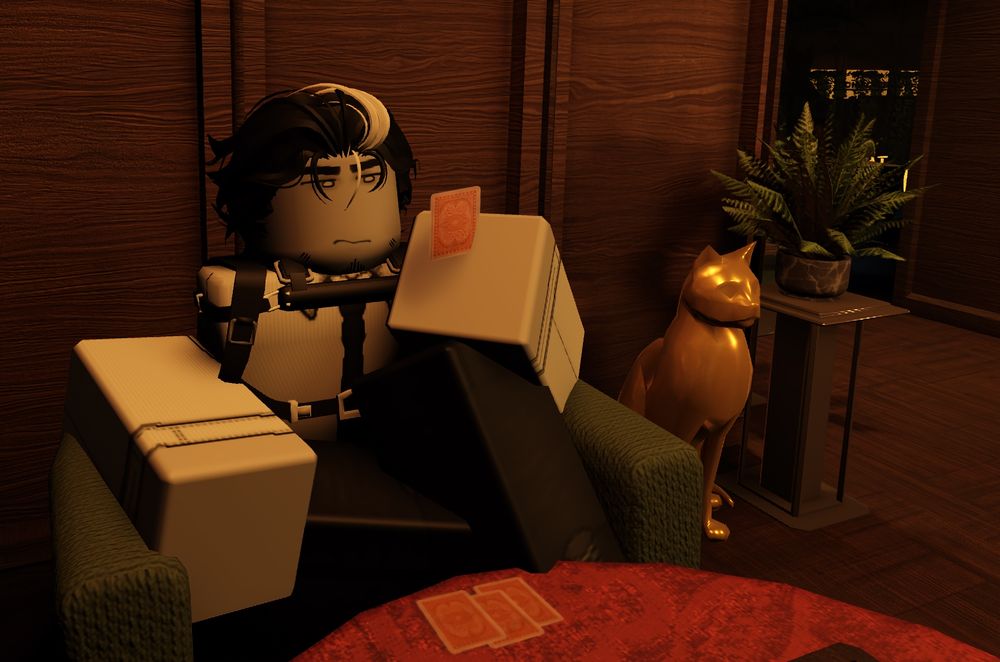 Edited Roblox screenshot of this users avatar sitting in a chair holding a playing card.