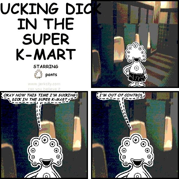A jerkcity/bonequest strip. Pants has the same vacant grin on his face in all three panels. He is standing in a men's restroom and whispers 