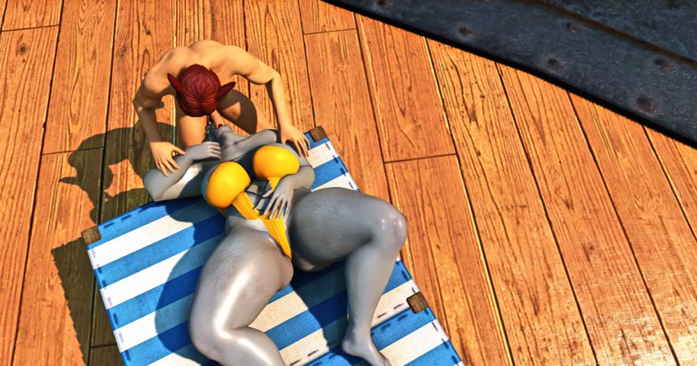 B'en and Olette having oral sex at the moonfire faire. Olette is in a yellow swimsuit and lying on her back while sucking B'en's dick. 