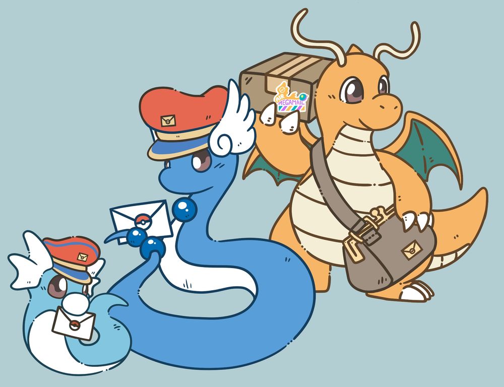 A drawing of the entire dratini, dragonair, dragonite evolution line with mail courier outfit details