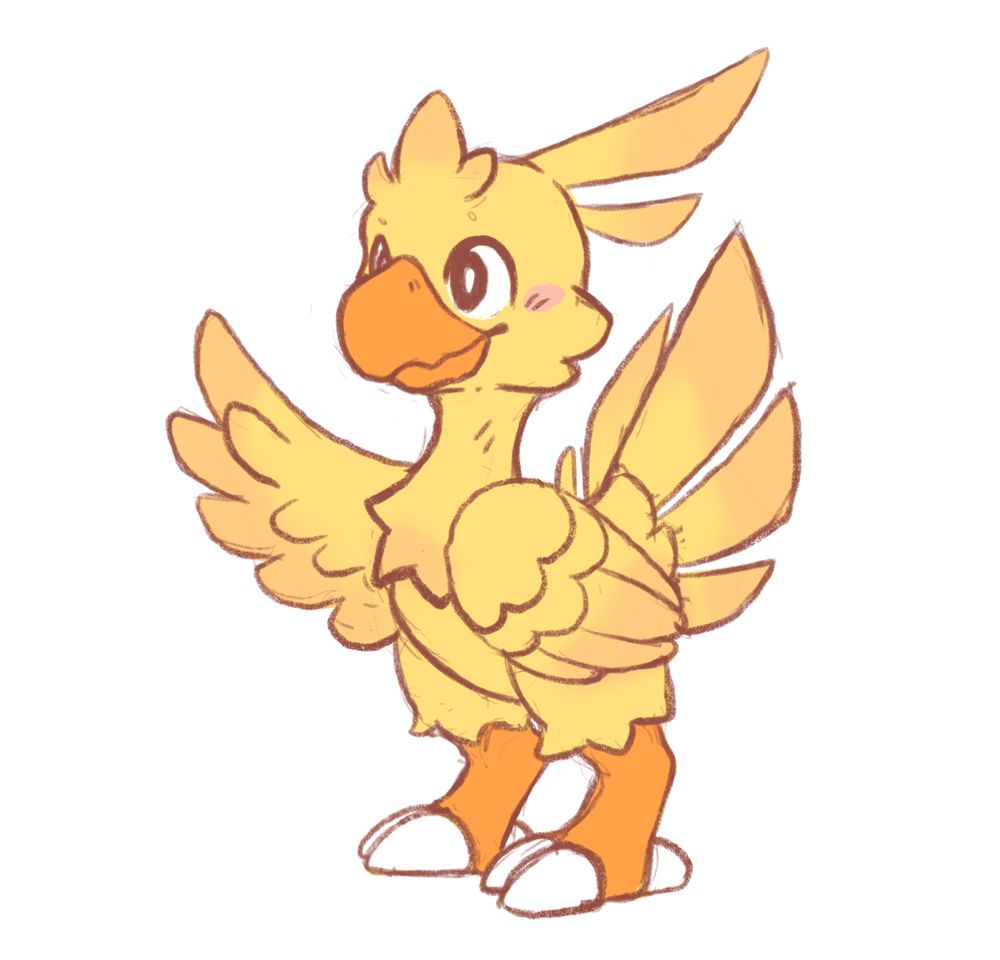 A drawing of a yellow chocobo from final fantasy - a giant yellow bird - that is standing around, smiling, stretching its right wing out in a greeting like fashion.