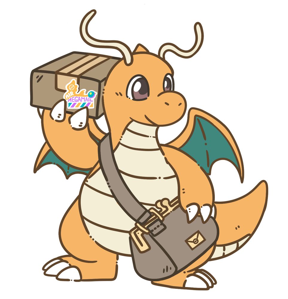 A drawing of a dragonite mail courier with a box popped onto their shoulder 