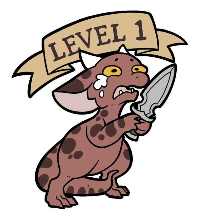 A drawing of a crying red kobold who is clutching a tiny dagger. A banner with level 1 is above their head