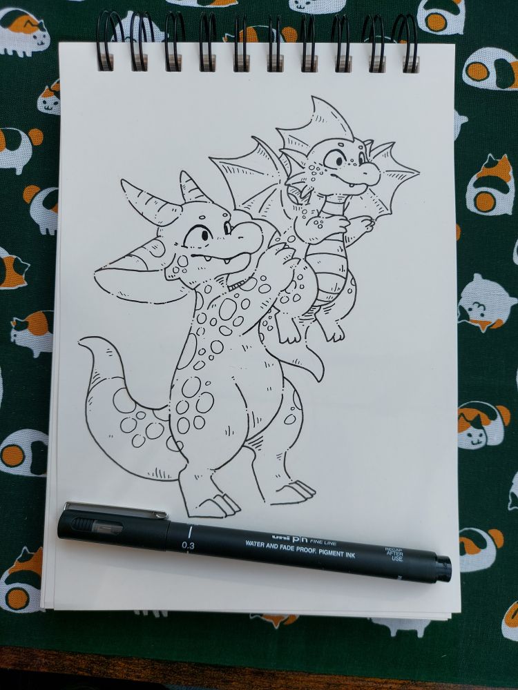 A traditional drawing of a kobold holding up a dragon hatchling.
