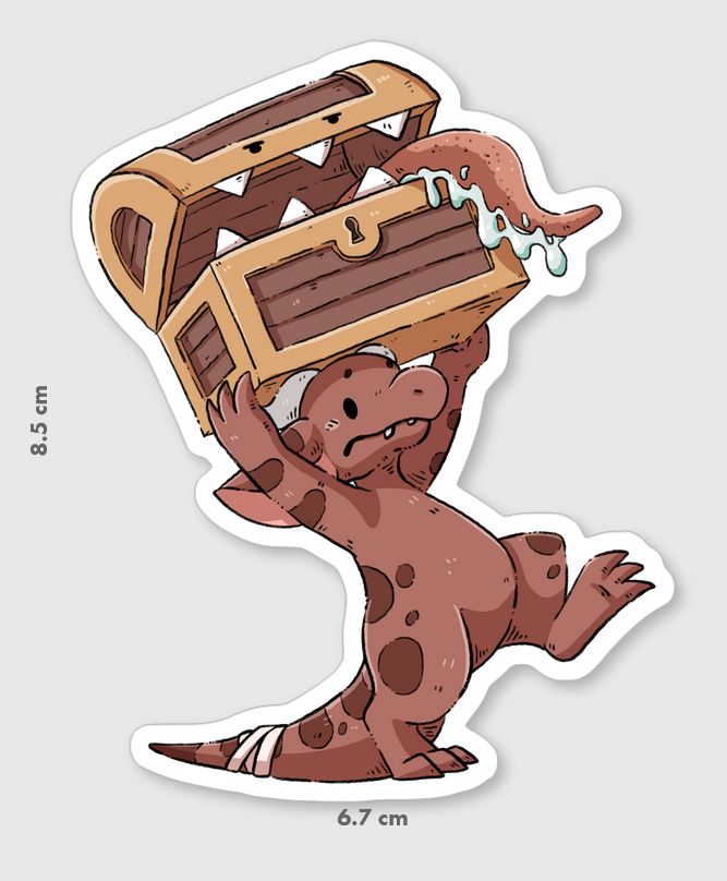A mock-up of a sticker design featuring a red, worried looking kobold, carrying a drooling mimic above their head.